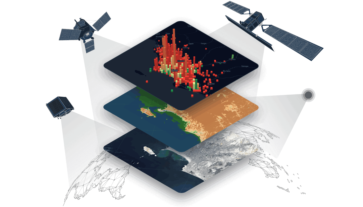 Layered multi-spectral satellite analysis of farmland — imagery, land-cover and vegetation-stress planes captured from orbit.